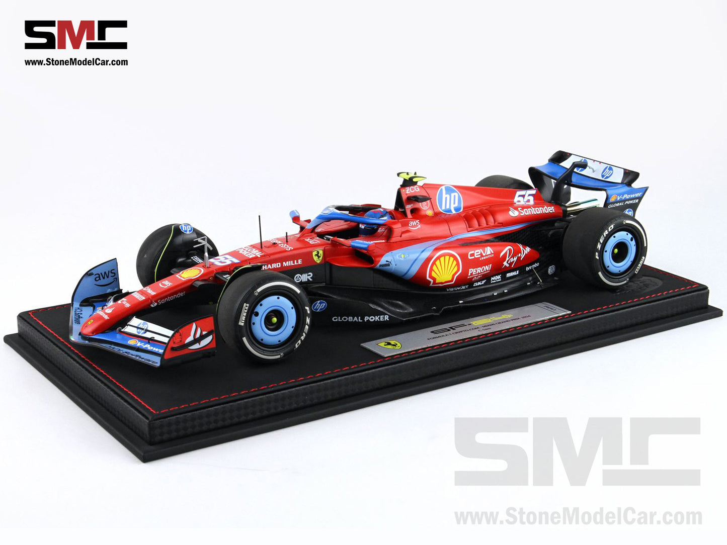 Ferrari F1 SF-24 #55 Carlos Sainz USA Miami GP 2024 BBR 1:18 with Leather Base