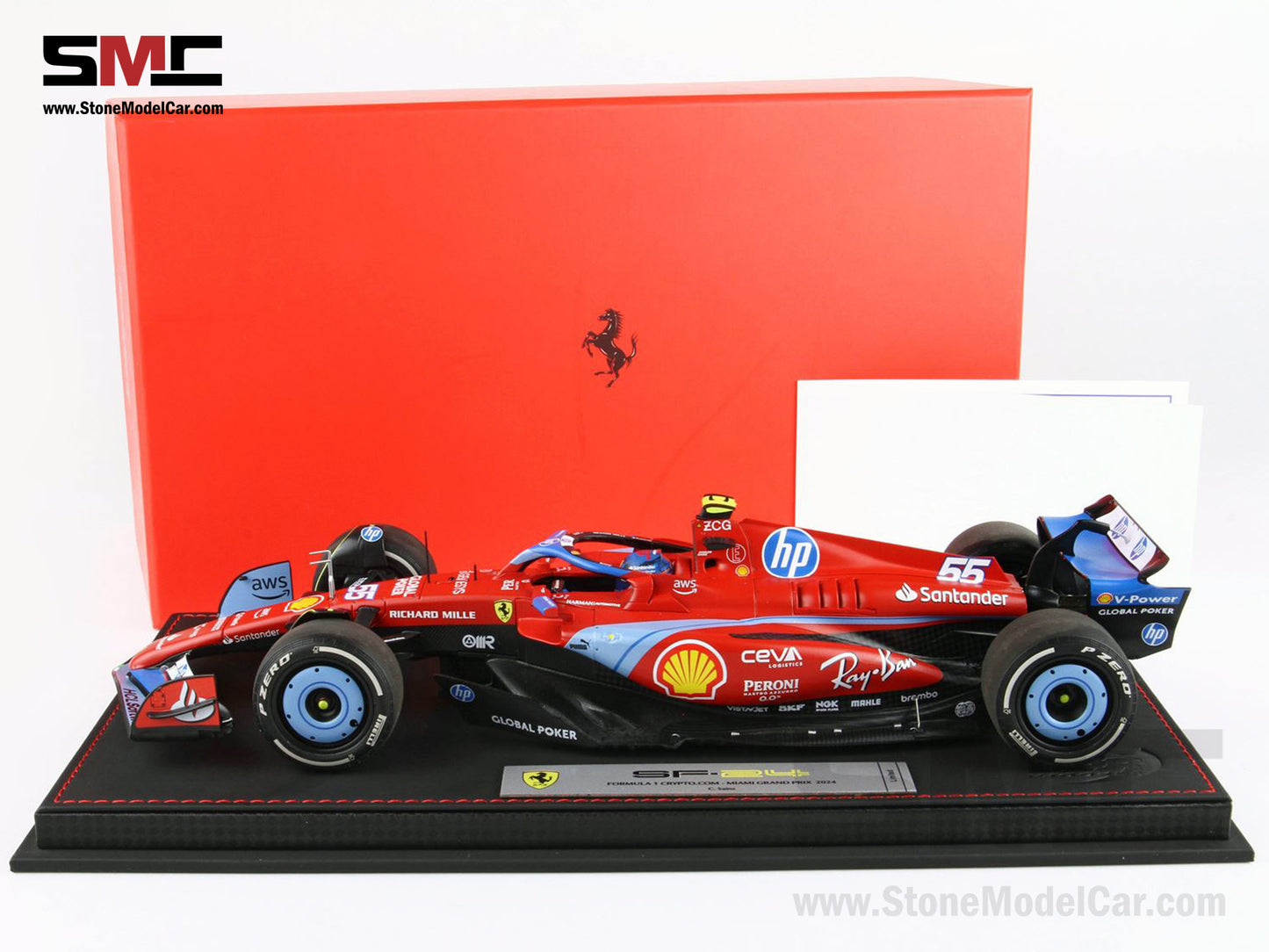 Ferrari F1 SF-24 #55 Carlos Sainz USA Miami GP 2024 BBR 1:18 with Leather Base