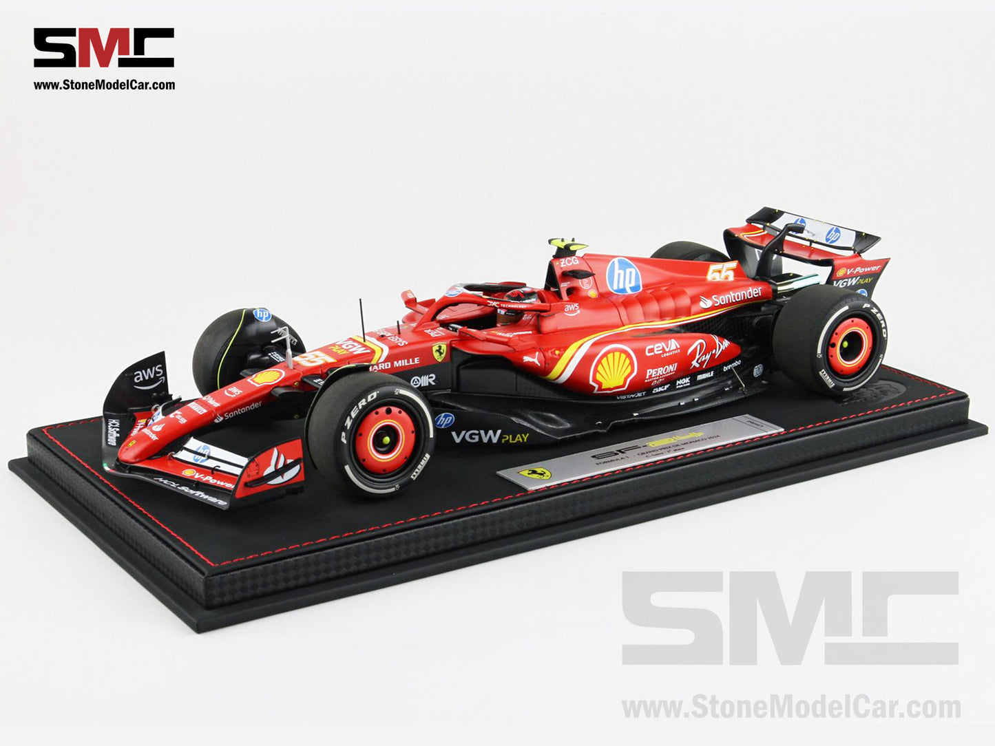 Ferrari F1 SF-24 #55 Carlos Sainz 3rd Monaco GP 2024 BBR 1:18 with Leather Base