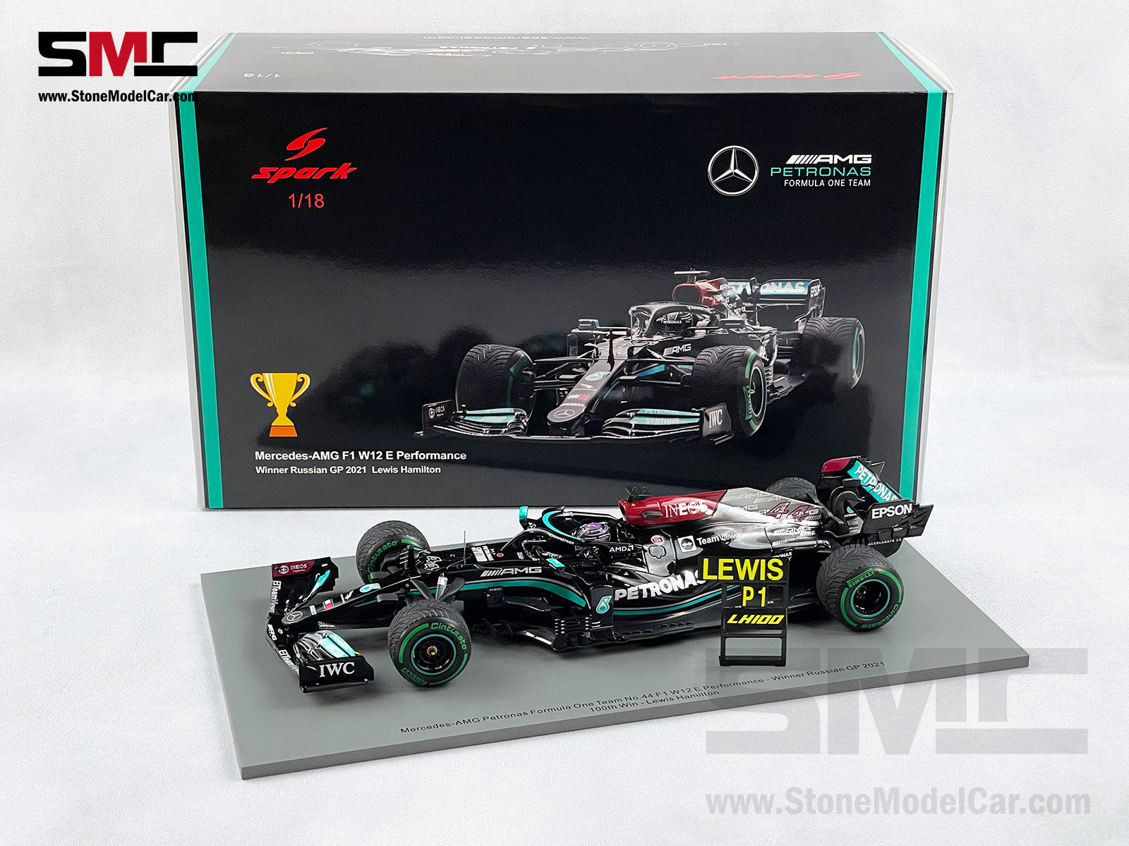 2021 Spark 1:18 Mercedes F1 W12 #44 Lewis Hamilton Russia 100th GP Win –  Stone Model