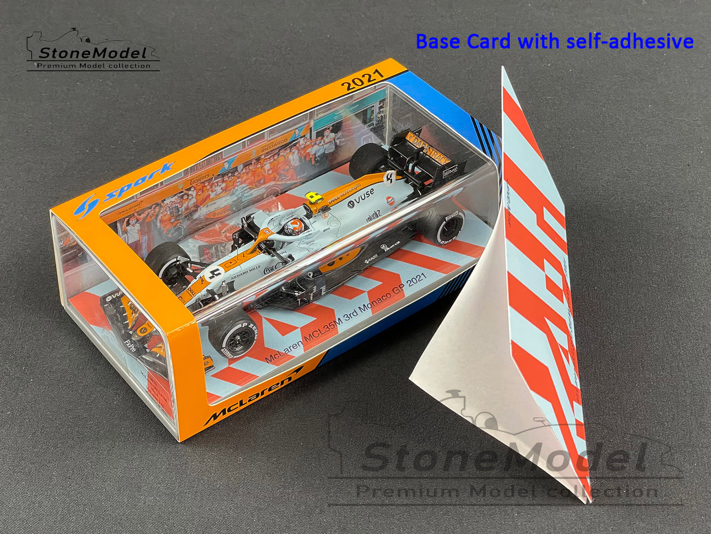 Mclaren F1 MCL35M 4 Lando Norris Monaco 2021 Spark 1:43 + Decal & Background Card