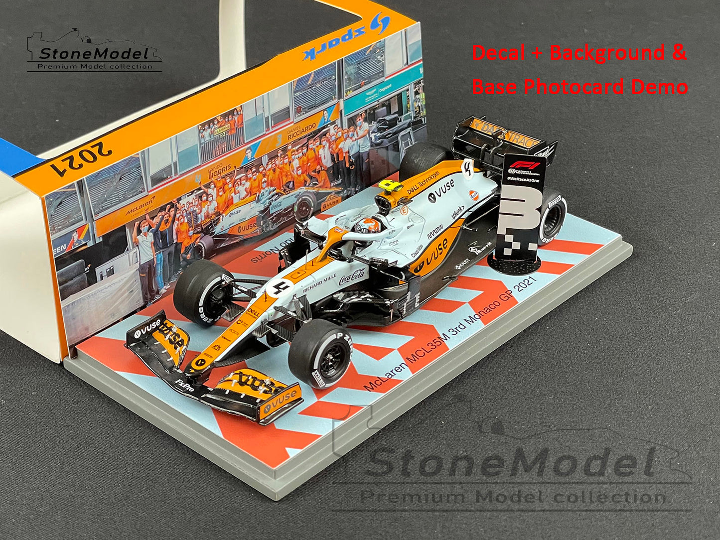 Mclaren F1 MCL35M 4 Lando Norris Monaco 2021 Spark 1:43 + Decal & Background Card