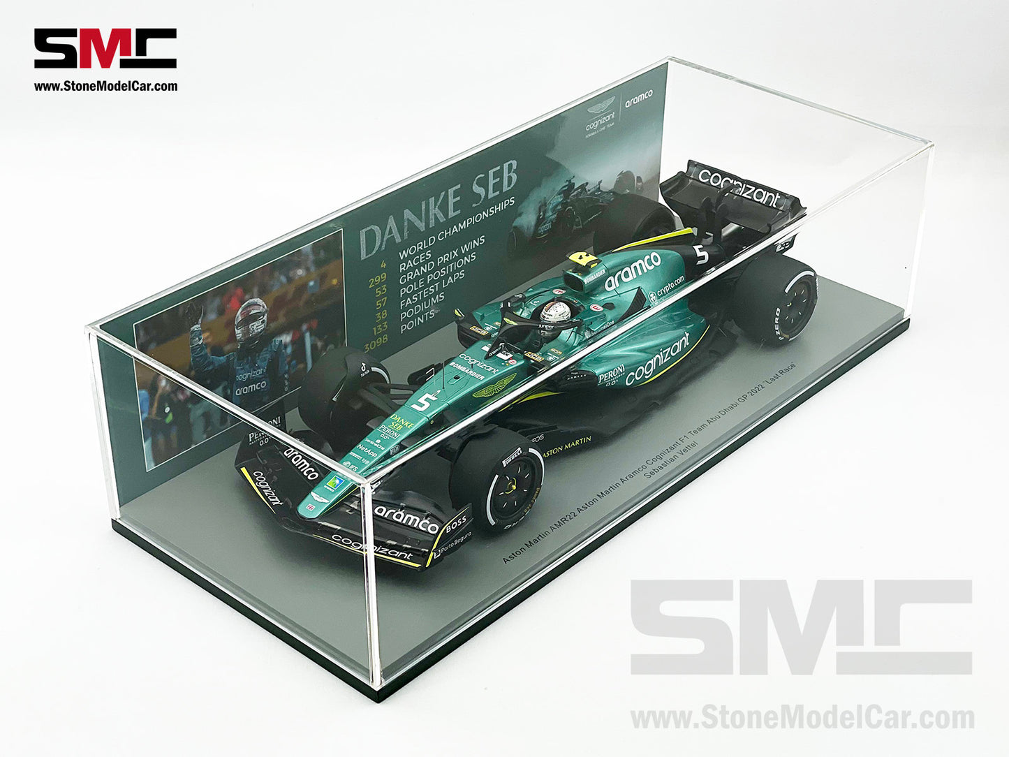 1:18 Spark Aston Martin F1 AMR22 #5 Sebastian Vettel Abu Dhabi GP 2022 Last Race