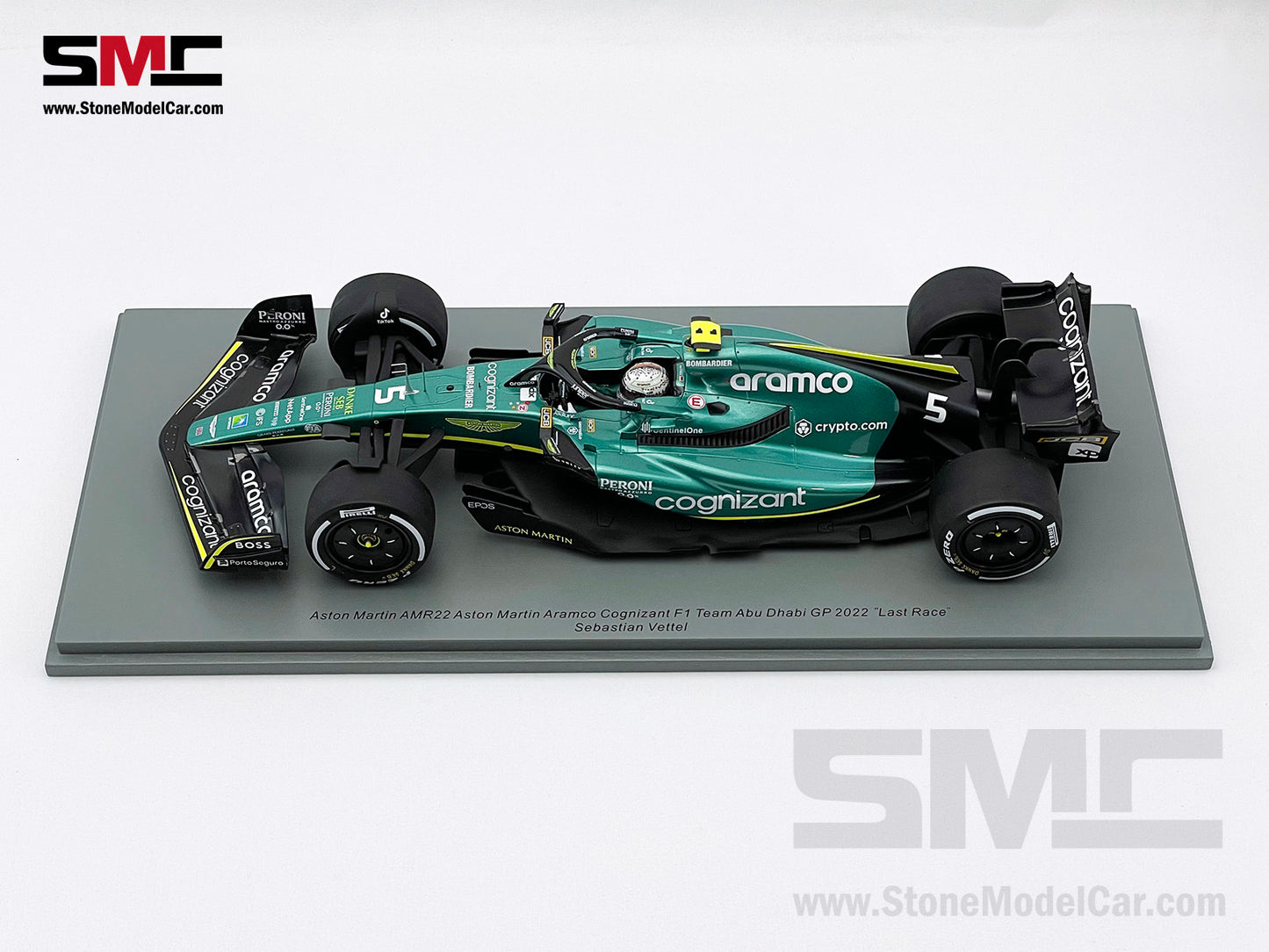 1:18 Spark Aston Martin F1 AMR22 #5 Sebastian Vettel Abu Dhabi GP 2022 Last Race