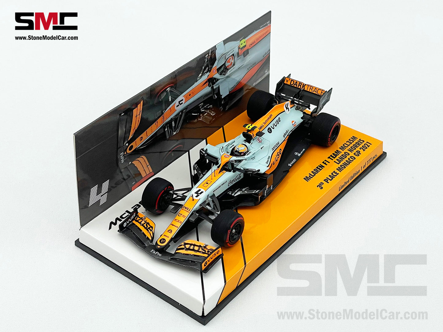 Mclaren F1 MCL35M #4 Lando Norris Monaco 2021 Podium Gulf Livery 1:43 MINICHAMPS w Decal
