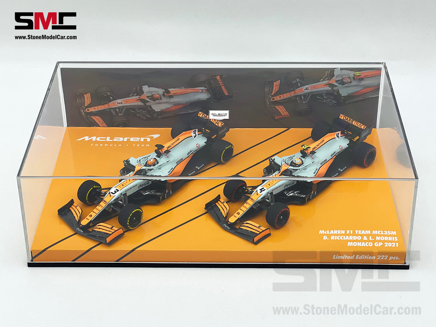 Mclaren F1 MCL35M #3 D. Ricciardo #4 L. Norris Monaco 2021 Gulf Livery 1:43 MINICHAMPS 2x Car Set