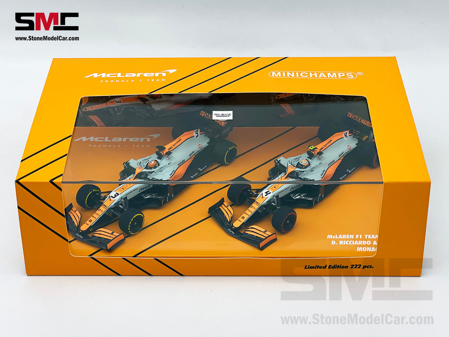 Mclaren F1 MCL35M #3 D. Ricciardo #4 L. Norris Monaco 2021 Gulf Livery 1:43 MINICHAMPS 2x Car Set