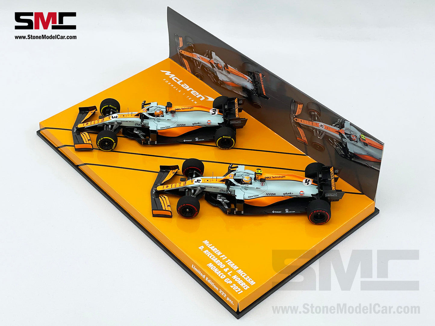 Mclaren F1 MCL35M #3 D. Ricciardo #4 L. Norris Monaco 2021 Gulf Livery 1:43 MINICHAMPS 2x Car Set