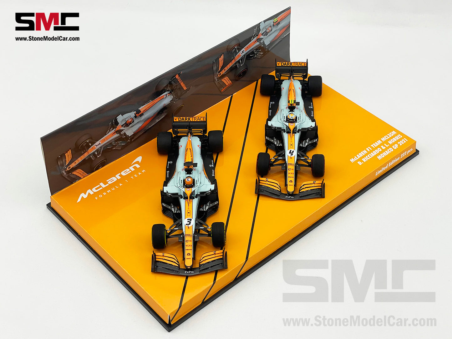 Mclaren F1 MCL35M #3 D. Ricciardo #4 L. Norris Monaco 2021 Gulf Livery 1:43 MINICHAMPS 2x Car Set