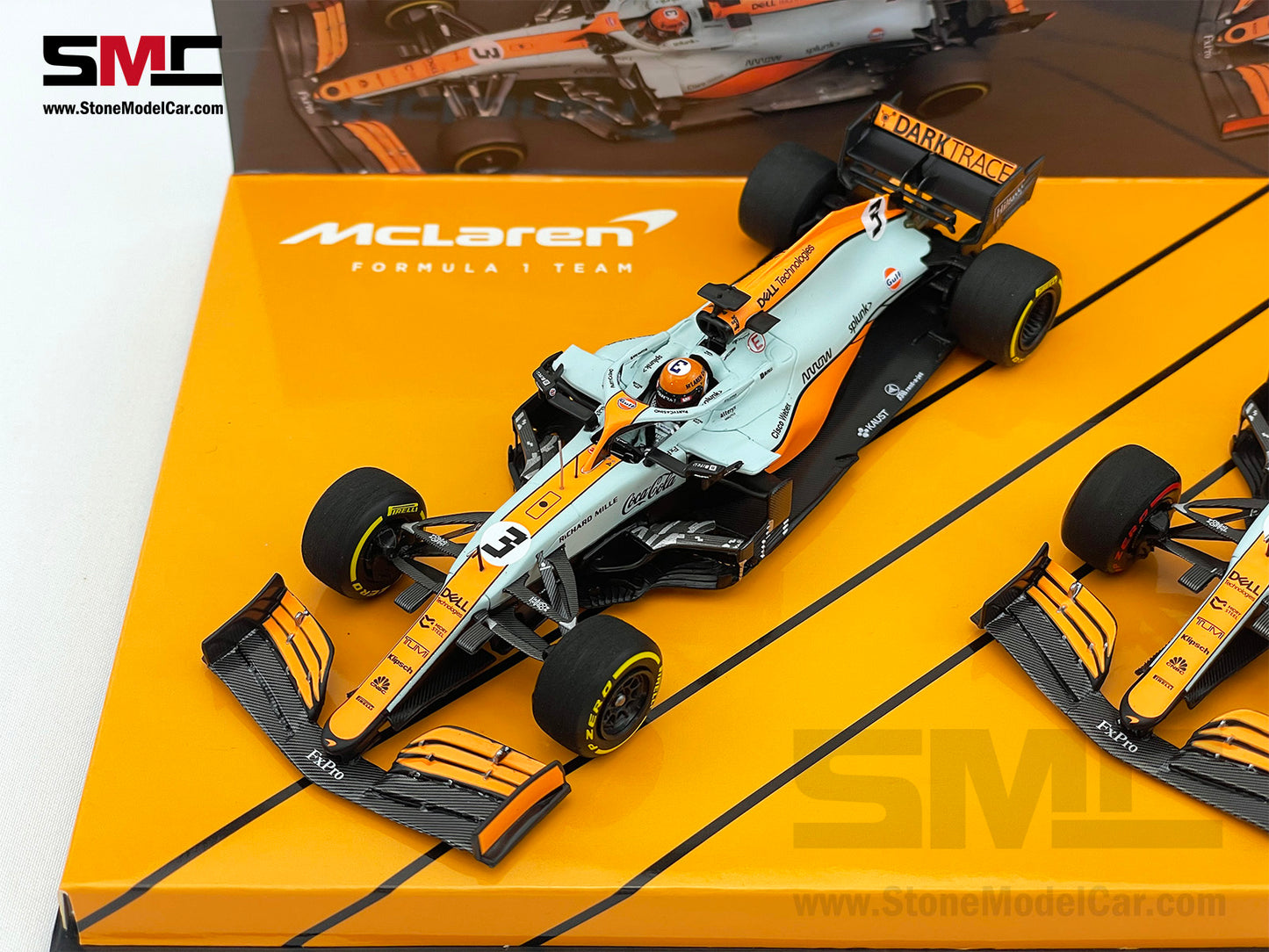 Mclaren F1 MCL35M #3 D. Ricciardo #4 L. Norris Monaco 2021 Gulf Livery 1:43 MINICHAMPS 2x Car Set