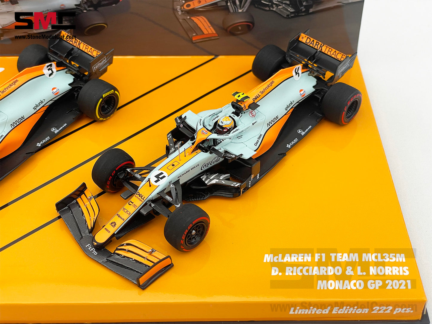 Mclaren F1 MCL35M #3 D. Ricciardo #4 L. Norris Monaco 2021 Gulf Livery 1:43 MINICHAMPS 2x Car Set