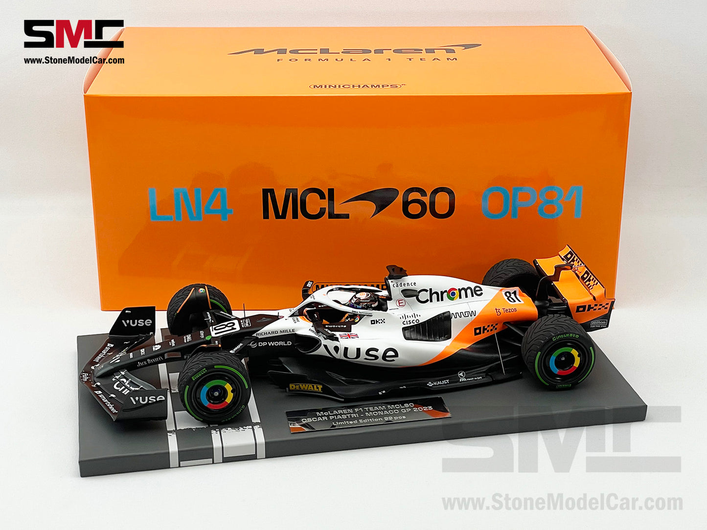 McLaren F1 MCL60 #81 Oscar Piastri 10th Monaco GP 2023 Special Livery 1:18 MINICHAMPS
