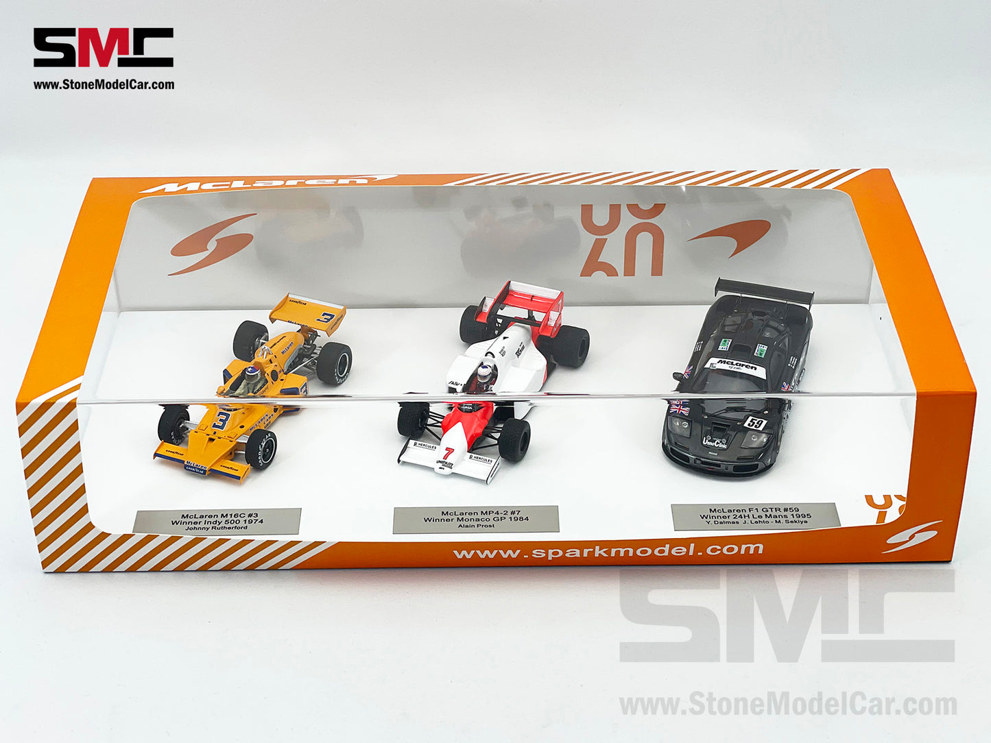 McLaren Triple Crown 1:43 Spark - M16C Indy 500 1974, MP4-2 Monaco GP 1984, F1 GTR 24H Le Mans 1995