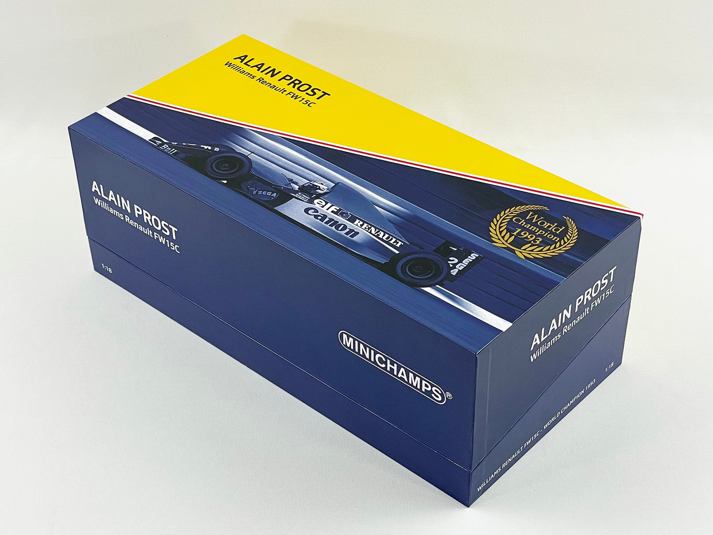 Williams F1 FW15C #2 Alain Prost 1993 World Champion 1:18 MINICHAMPS Gift Box with CAMEL