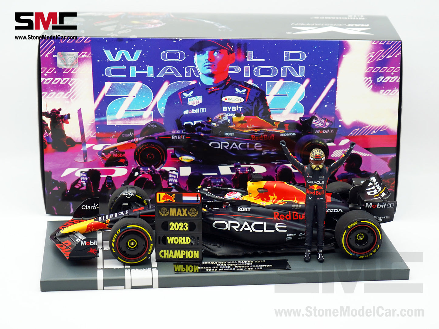 Red Bull F1 RB19 #1 Max Verstappen Winner Qatar GP 2023 World Champion MINICHAMPS 1:18 Figure Special