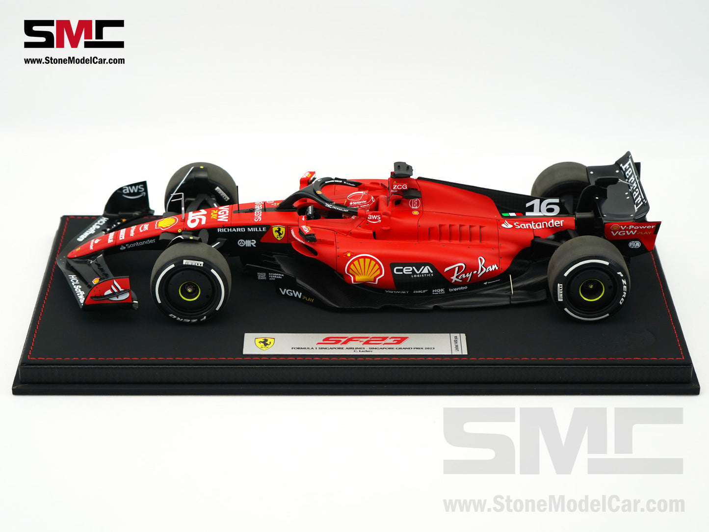 Ferrari F1 SF-23 #16 Charles Leclerc Singapore GP 2023 BBR 1:18 with Leather Base