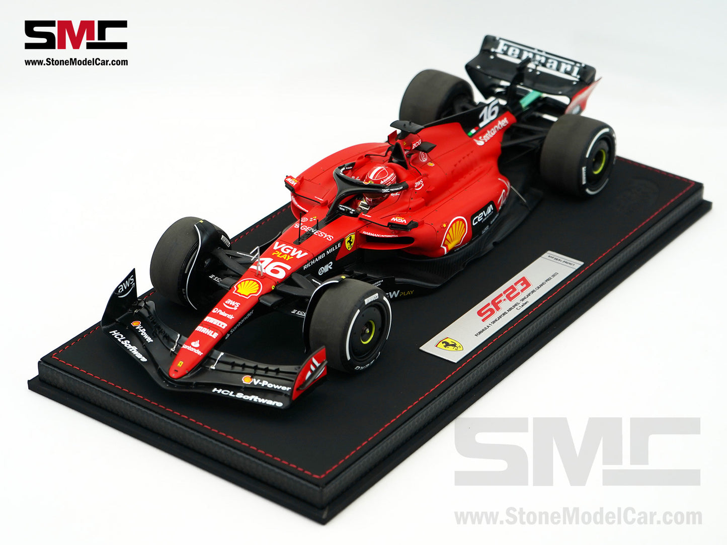 Ferrari F1 SF-23 #16 Charles Leclerc Singapore GP 2023 BBR 1:18 with Leather Base