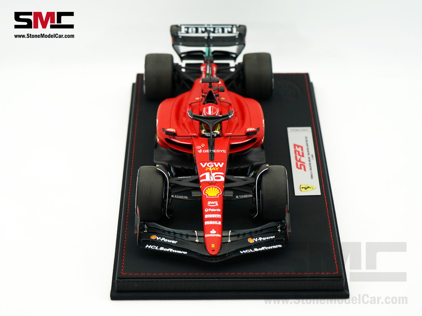 Ferrari F1 SF-23 #16 Charles Leclerc Singapore GP 2023 BBR 1:18 with Leather Base