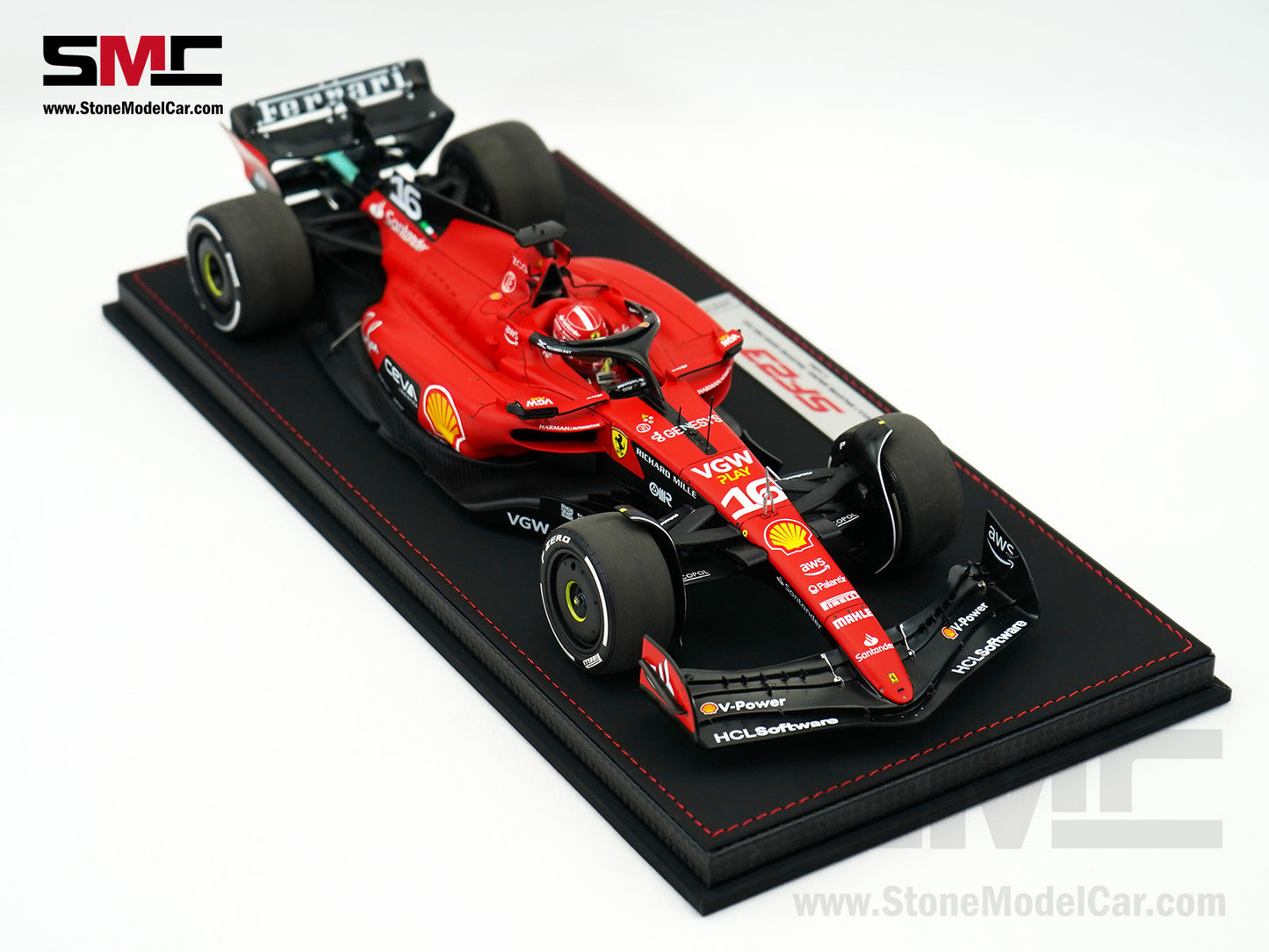Ferrari F1 SF-23 #16 Charles Leclerc Singapore GP 2023 BBR 1:18 with Leather Base