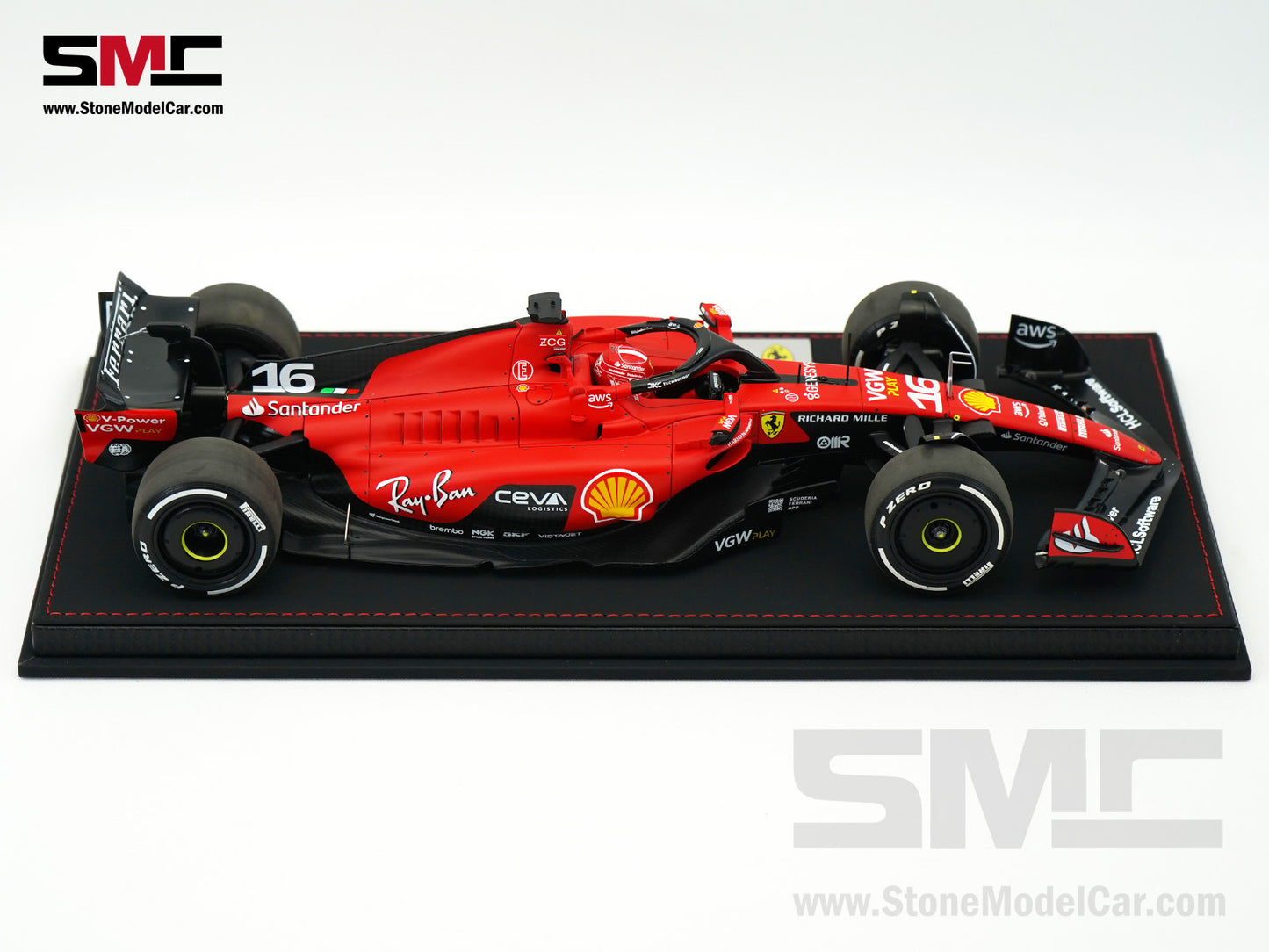 Ferrari F1 SF-23 #16 Charles Leclerc Singapore GP 2023 BBR 1:18 with Leather Base