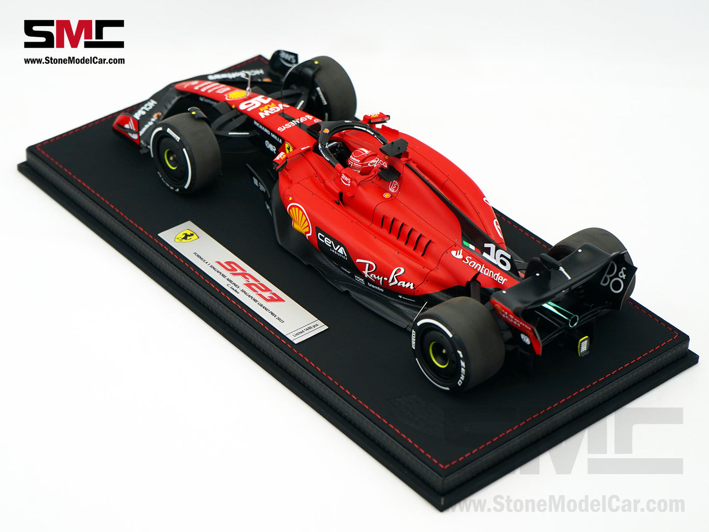 Ferrari F1 SF-23 #16 Charles Leclerc Singapore GP 2023 BBR 1:18 with Leather Base