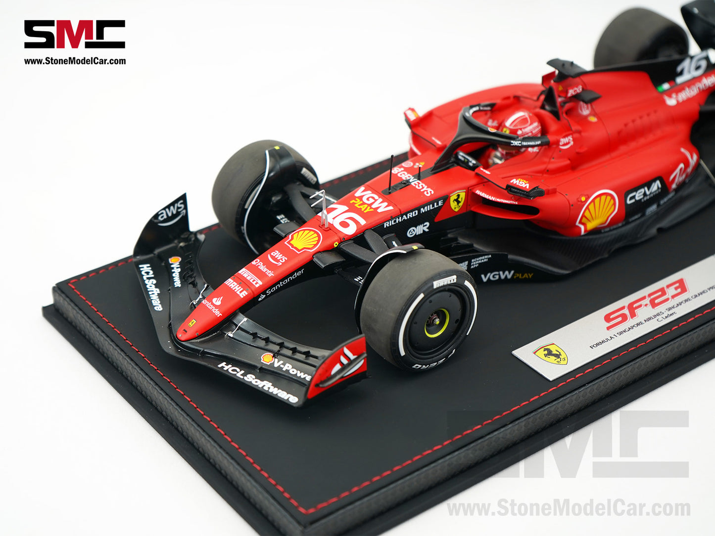 Ferrari F1 SF-23 #16 Charles Leclerc Singapore GP 2023 BBR 1:18 with Leather Base
