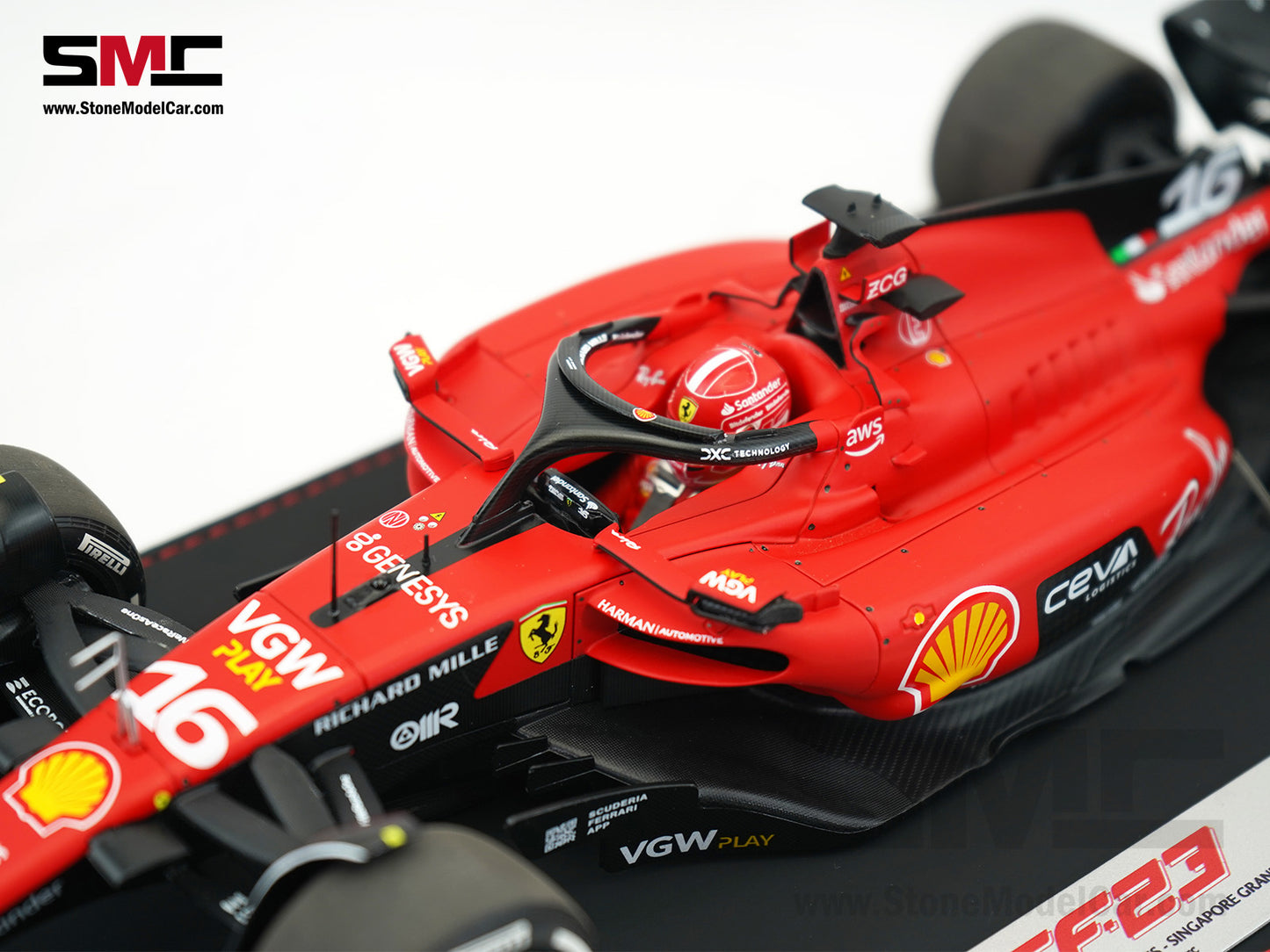 Ferrari F1 SF-23 #16 Charles Leclerc Singapore GP 2023 BBR 1:18 with Leather Base