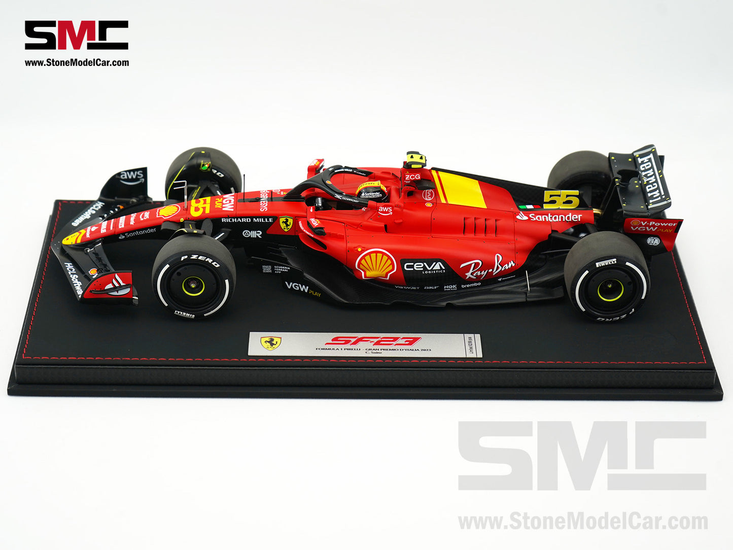Ferrari F1 SF-23 #55 Carlos Sainz Italy Monza GP 2023 BBR 1:18 with Leather Base