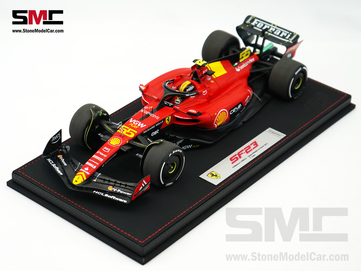 Ferrari F1 SF-23 #55 Carlos Sainz Italy Monza GP 2023 BBR 1:18 with Leather Base