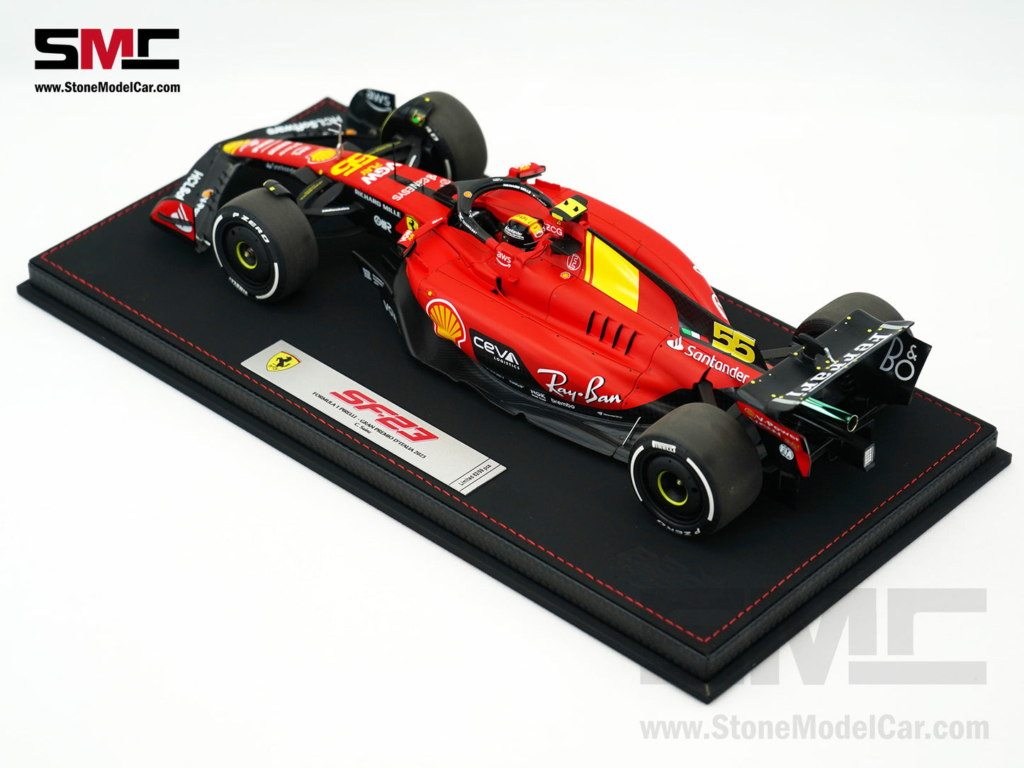 Ferrari F1 SF-23 #55 Carlos Sainz Italy Monza GP 2023 BBR 1:18 with Leather Base