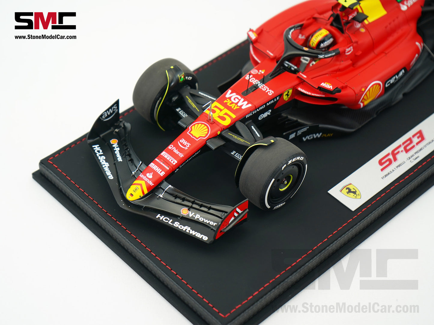 Ferrari F1 SF-23 #55 Carlos Sainz Italy Monza GP 2023 BBR 1:18 with Leather Base