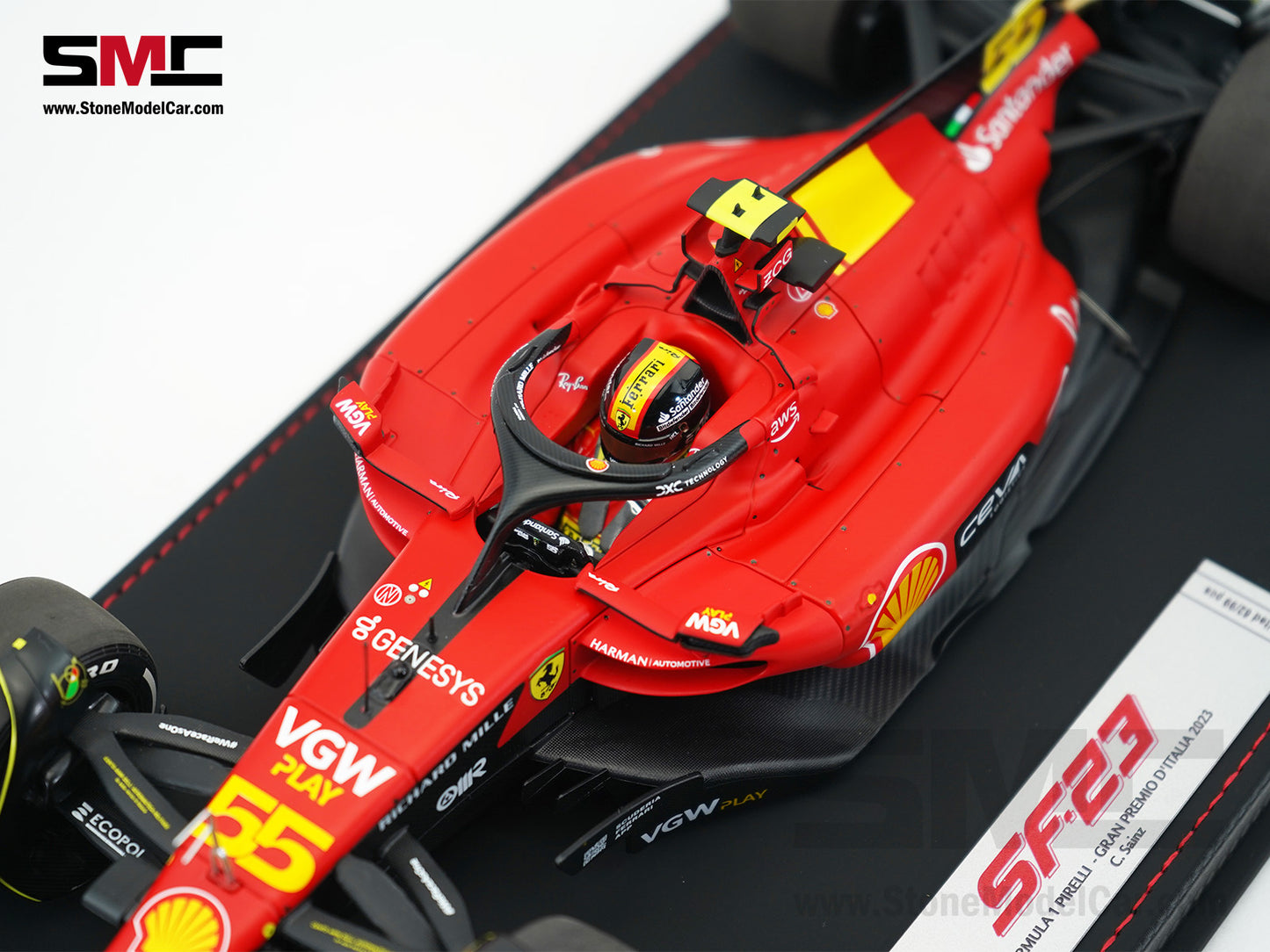 Ferrari F1 SF-23 #55 Carlos Sainz Italy Monza GP 2023 BBR 1:18 with Leather Base