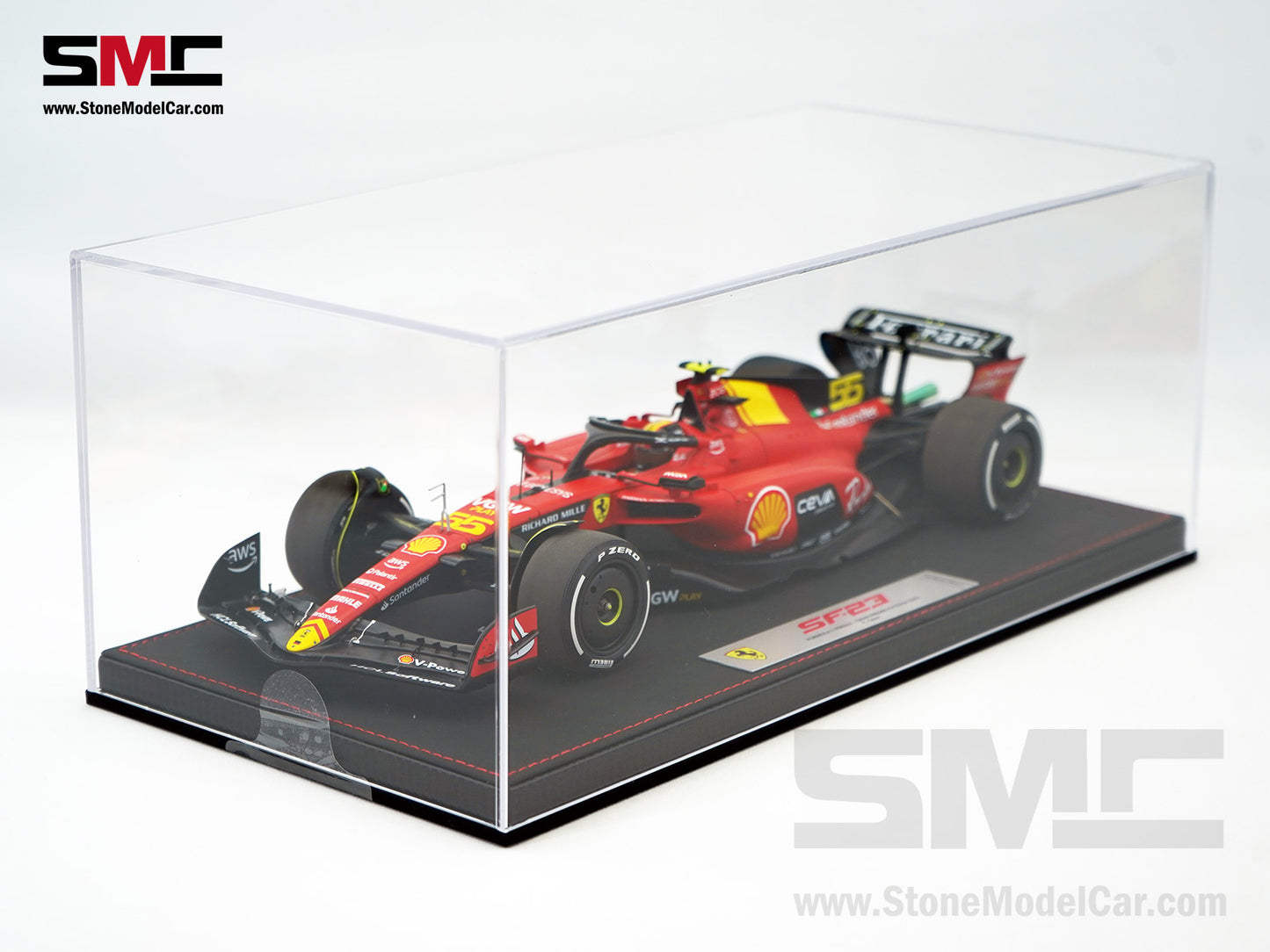 Ferrari F1 SF-23 #55 Carlos Sainz Italy Monza GP 2023 BBR 1:18 with Leather Base