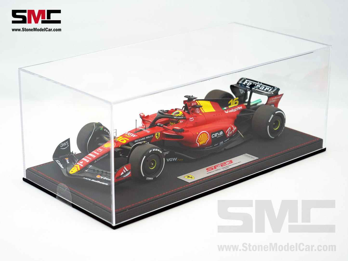 Ferrari F1 SF-23 #16 Charles Leclerc Italy Monza GP 2023 BBR 1:18 with Leather Base