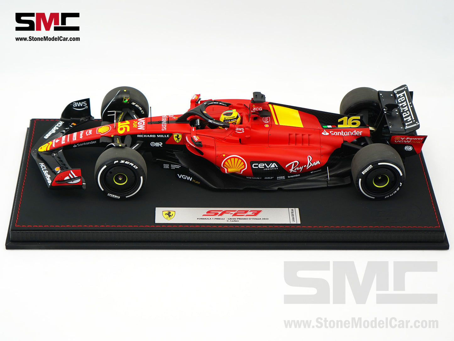 Ferrari F1 SF-23 #16 Charles Leclerc Italy Monza GP 2023 BBR 1:18 with Leather Base