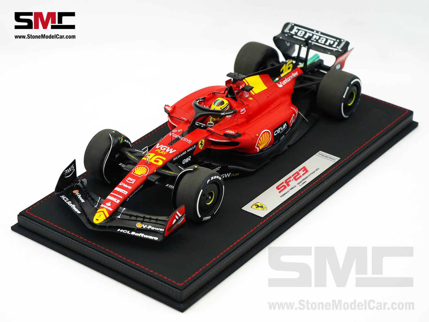 Ferrari F1 SF-23 #16 Charles Leclerc Italy Monza GP 2023 BBR 1:18 with Leather Base