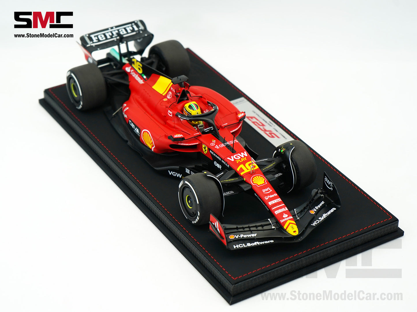 Ferrari F1 SF-23 #16 Charles Leclerc Italy Monza GP 2023 BBR 1:18 with Leather Base
