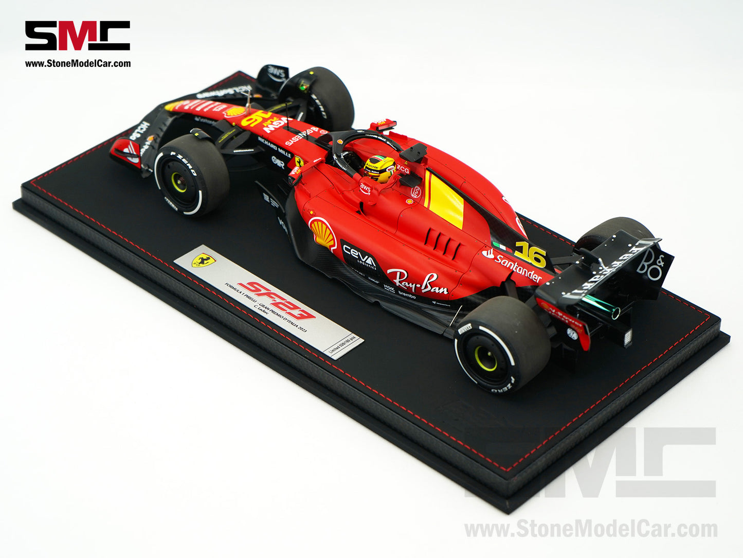 Ferrari F1 SF-23 #16 Charles Leclerc Italy Monza GP 2023 BBR 1:18 with Leather Base