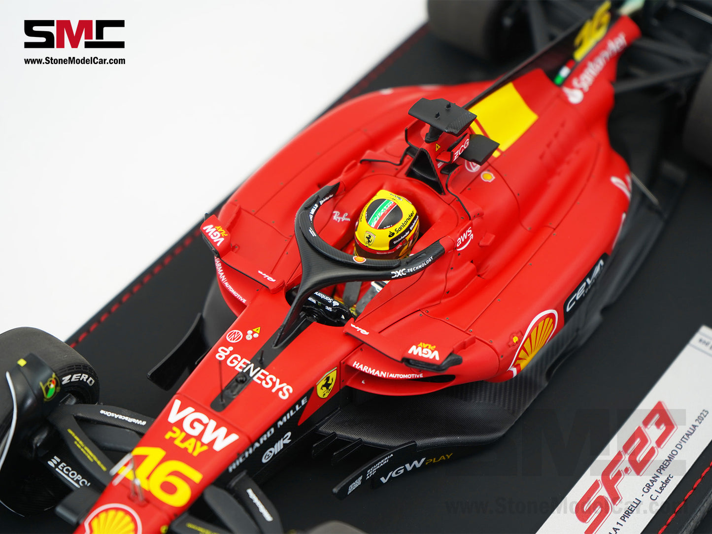 Ferrari F1 SF-23 #16 Charles Leclerc Italy Monza GP 2023 BBR 1:18 with Leather Base