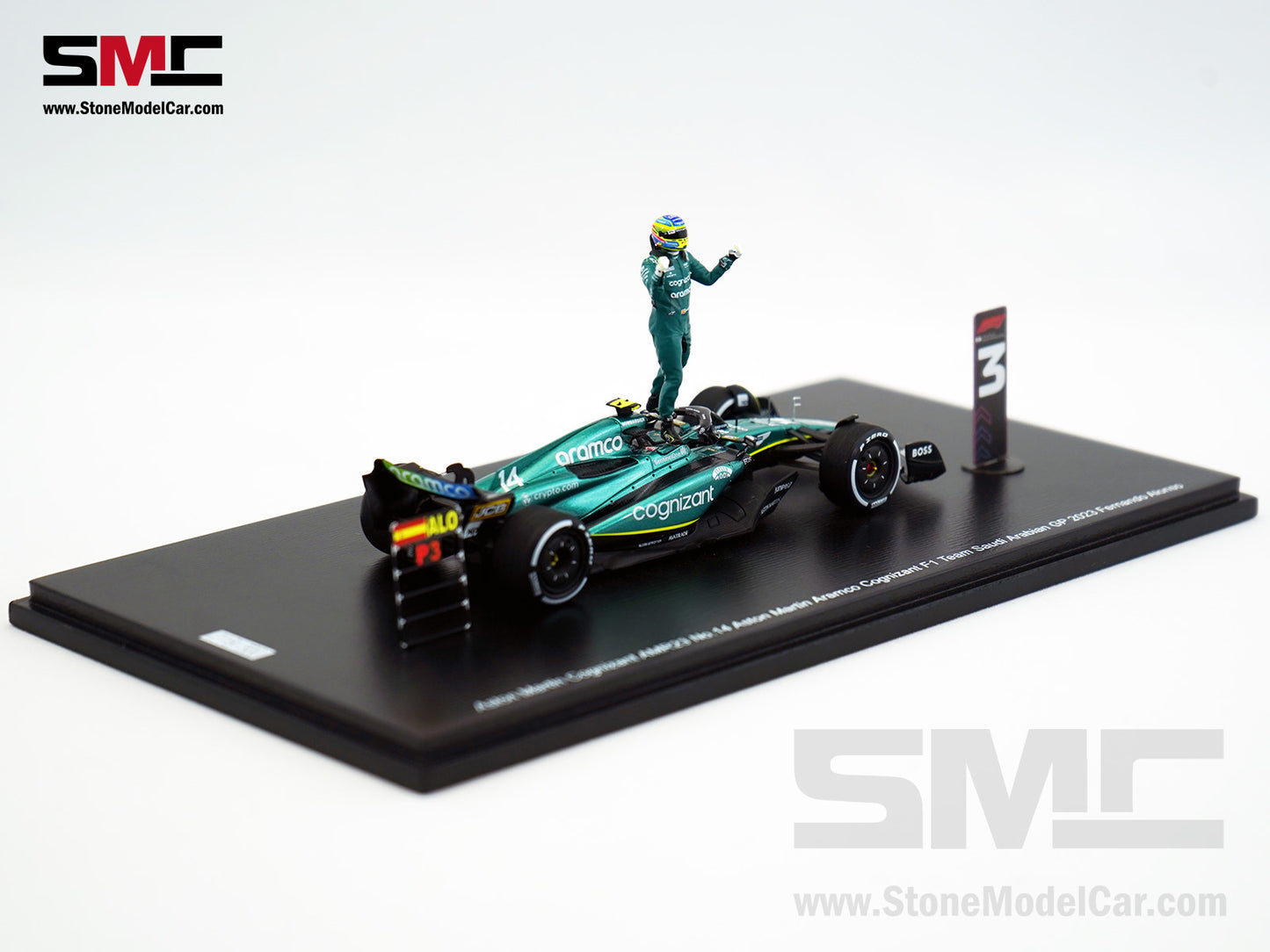 Aston Martin F1 AMR23 #14 Fernando Alonso Saudi Arabian GP 100th Career Podium 2023 1:43 Spark Figure Edition