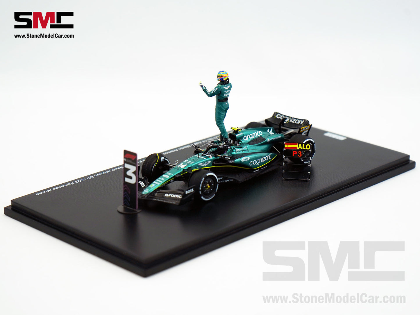 Aston Martin F1 AMR23 #14 Fernando Alonso Saudi Arabian GP 100th Career Podium 2023 1:43 Spark Figure Edition