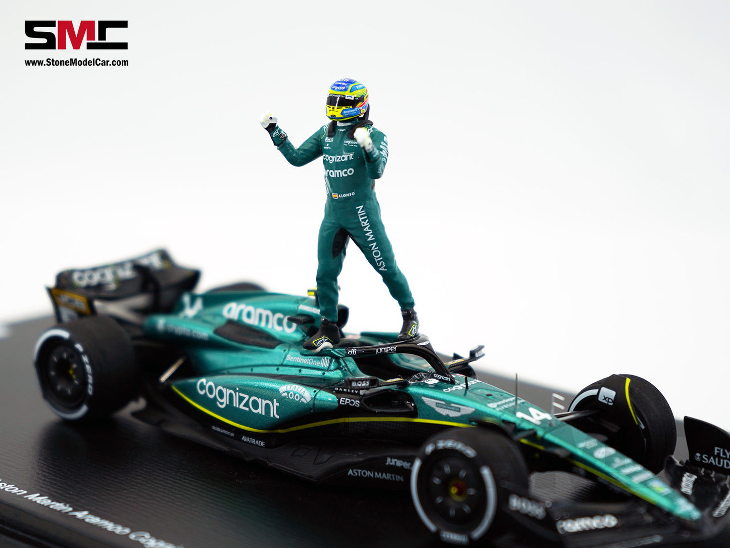 Aston Martin F1 AMR23 #14 Fernando Alonso Saudi Arabian GP 100th Career Podium 2023 1:43 Spark Figure Edition