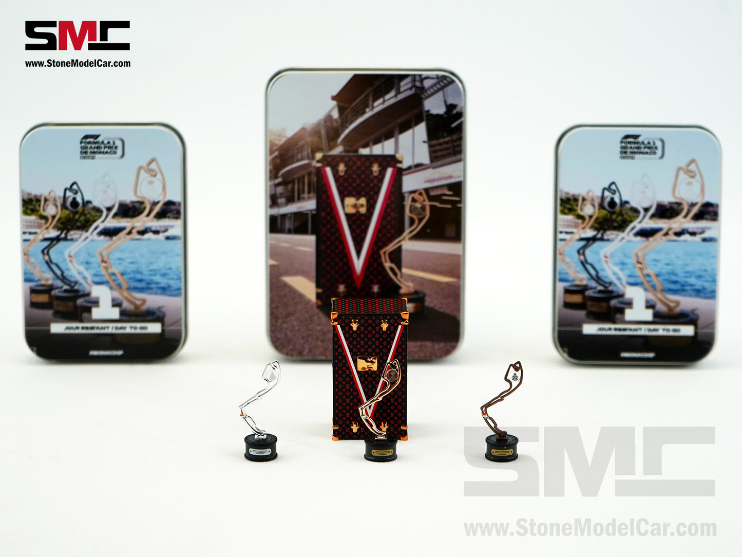 SMC F1 1:18 Monaco GP 4x pcs Trophy Set - Winner, 2nd and 3rd Place, Louis Vuitton Case