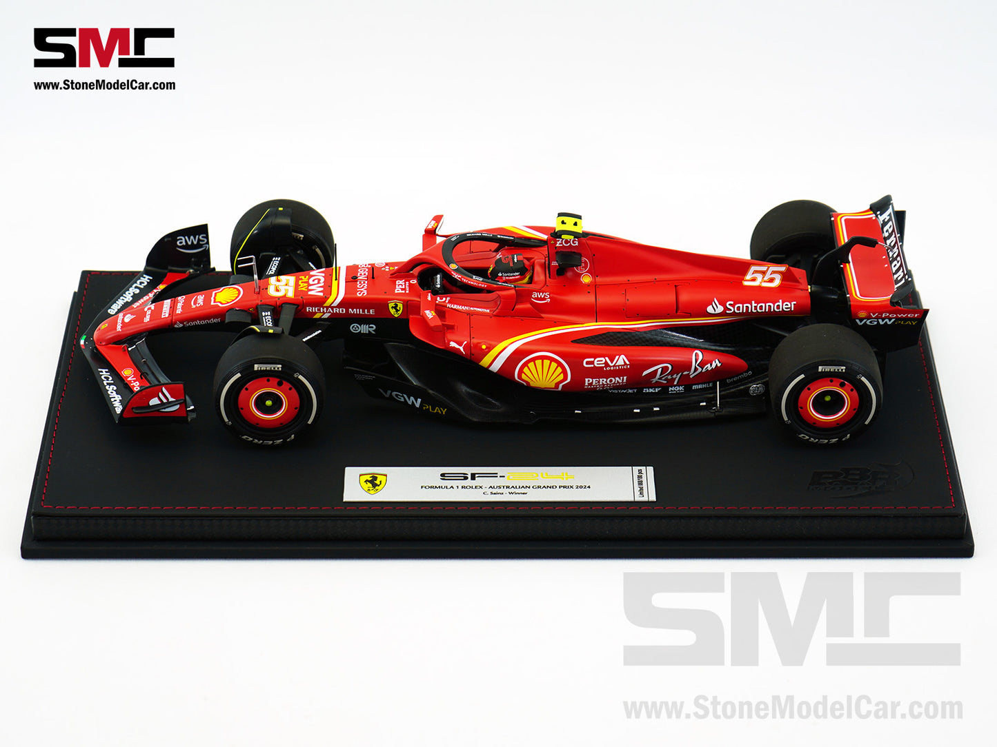 Ferrari F1 SF-24 #55 Carlos Sainz Australia GP Winner 2024 BBR 1:18 with Leather Base