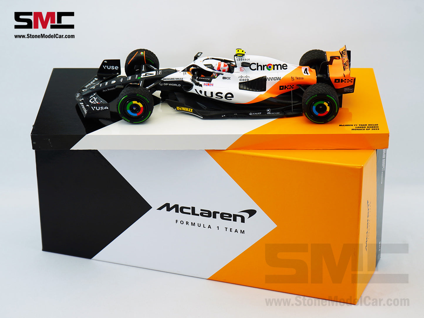 McLaren F1 MCL60 #4 Lando Norris 9th Monaco GP 2023 Special Livery 1:18 MINICHAMPS Gift Box