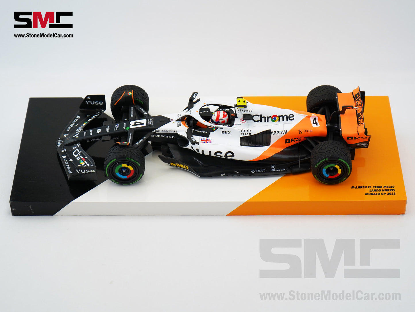 McLaren F1 MCL60 #4 Lando Norris 9th Monaco GP 2023 Special Livery 1:18 MINICHAMPS Gift Box
