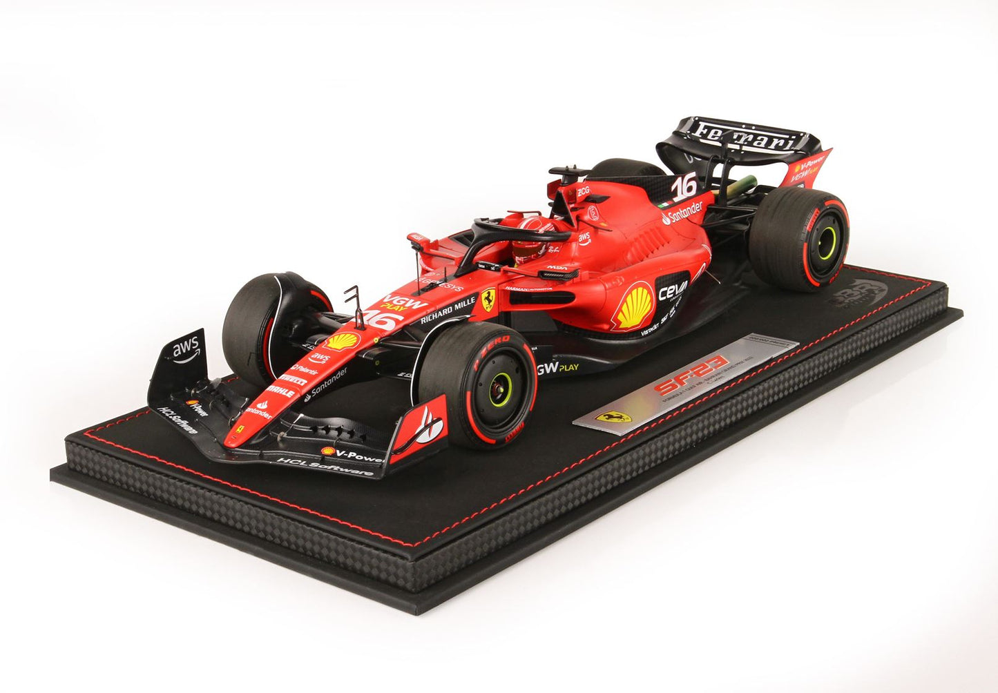 Ferrari F1 SF-23 #16 Charles Leclerc Bahrain GP 2023 BBR 1:18 with Leather Base