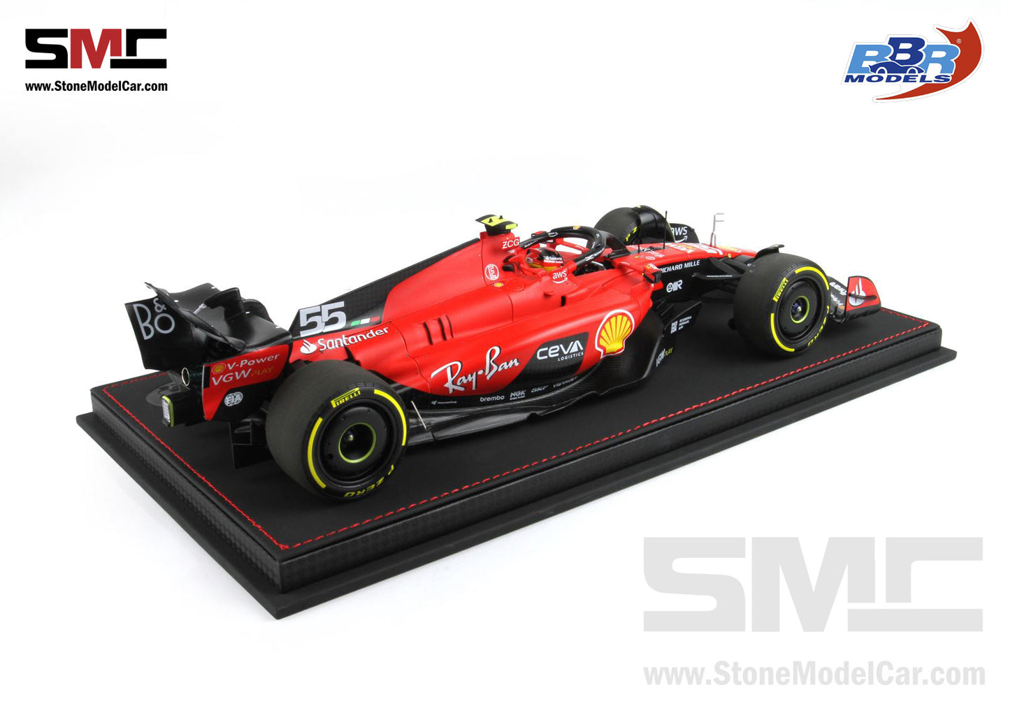 Ferrari F1 SF-23 #55 Carlos Sainz Belgium SPA GP 2023 BBR 1:18 with Leather Base