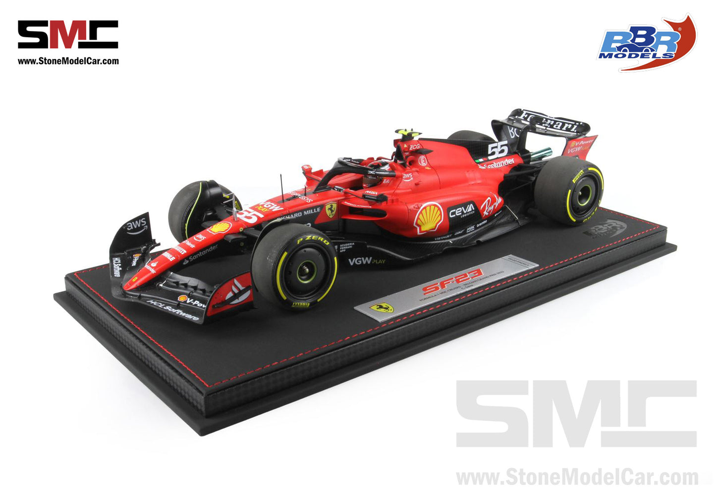 Ferrari F1 SF-23 #55 Carlos Sainz Belgium SPA GP 2023 BBR 1:18 with Leather Base