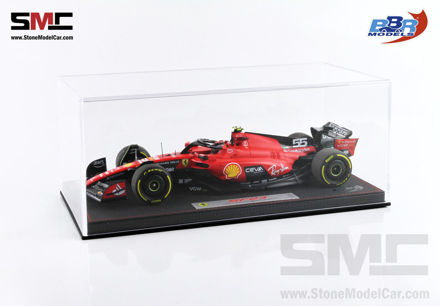 Ferrari F1 SF-23 #55 Carlos Sainz Belgium SPA GP 2023 BBR 1:18 with Leather Base